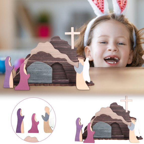 Easter Resurrection Scene Decor - Wooden Jesus Nativity Figurine Set for Home, Tabletop, and Office, Ideal for Spring and Christian Easter Celebrations