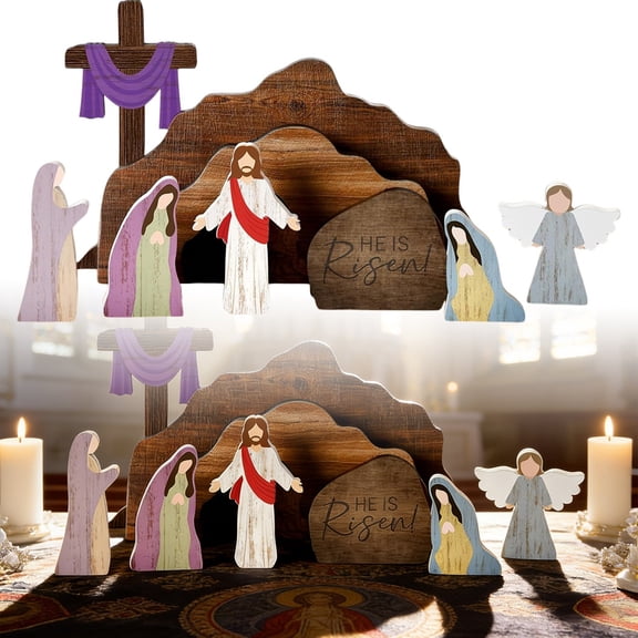 Easter Resurrection Scene Wooden Desktop Figurine "He Is Risen" Religious Nativity Decor for Home Inspirational Christian Gift
