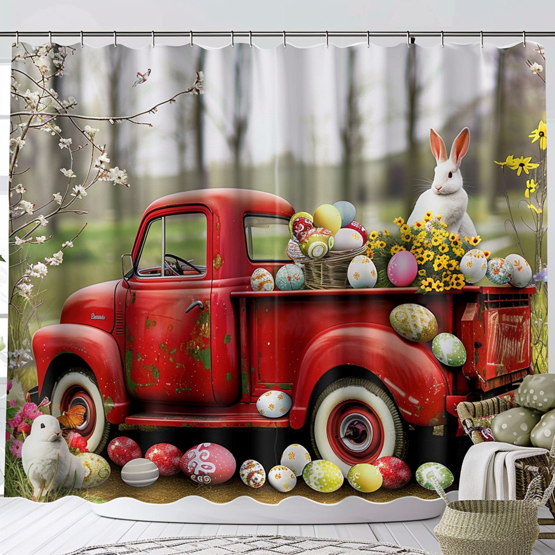 Easter Retro Red Truck Shower Curtain with Eggs and Bunnies Colorful