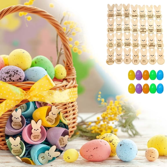 Easter Rewards Bunny Eggs Tokens Set 28Pc Bunny Reward Tokens Plus 10Pc Decorative Eggs for Egg Hunt Party Prizes Classroom Incentives Non Candy Easter Supplies