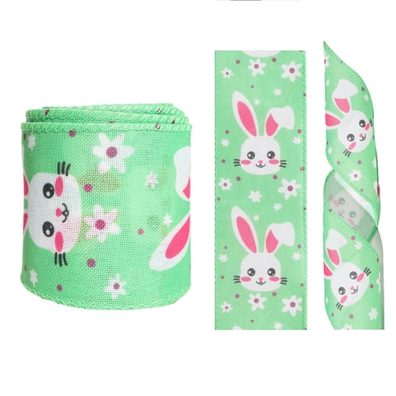 Easter Ribbon (Green Bunny Pattern), 2.48" x 118" Fabric Craft Ribbon, Burlap-Like Decorative Ribbon for Easter Baskets, Wreaths, Gift Wrapping & Party Decor, 1PC
