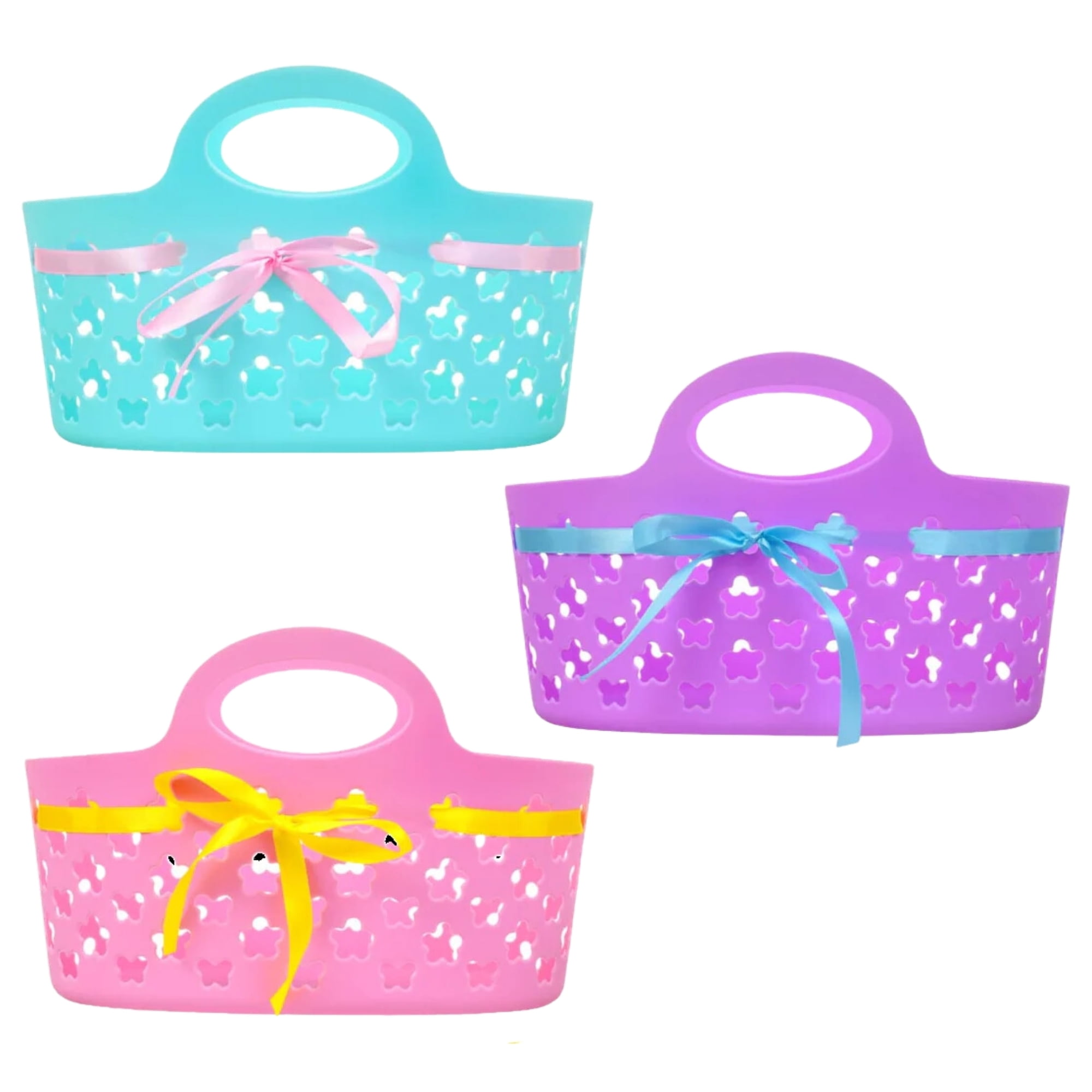 Easter Ribbon Oval Plastic Baskets with Handle for Home Kitchen Spring Holiday Party Favor Treats Candy Fruit Holder Egg Hunt Storage Container Table Decoration Gift Supplies, 3 count (Colors Vary)