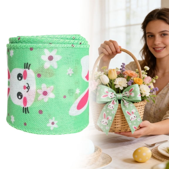 Easter Ribbon for Wrapping 2.5Inch 5.5 Yards Wired Edge Burlap Ribbons Farmhouse Bunny Easter Egg Pattern Spring Pastel Party Decoration for DIY Gift Wrapping Wreath Bow Craft(Y-D)