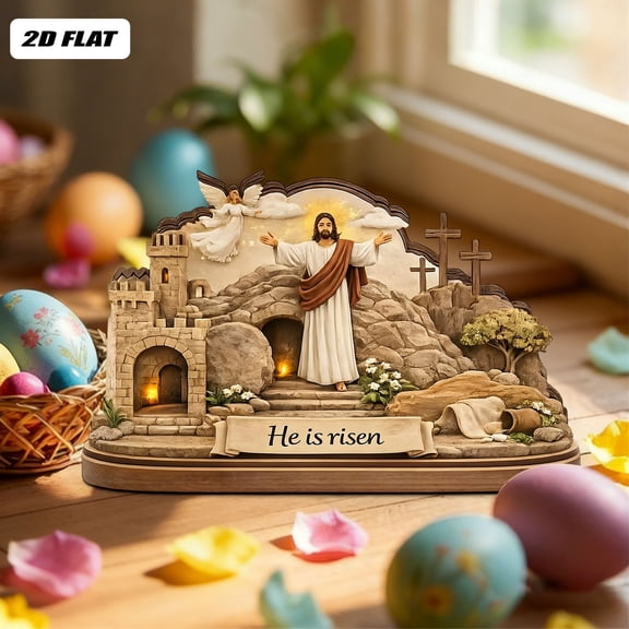 Easter He Is Risen Decor Wooden Empty Tomb Resurrection Scene Christian Faith Tabletop Centerpiece Shelf Mantel Tray Decor Religious Easter Home Decoration Gift Spiritual Holiday Display