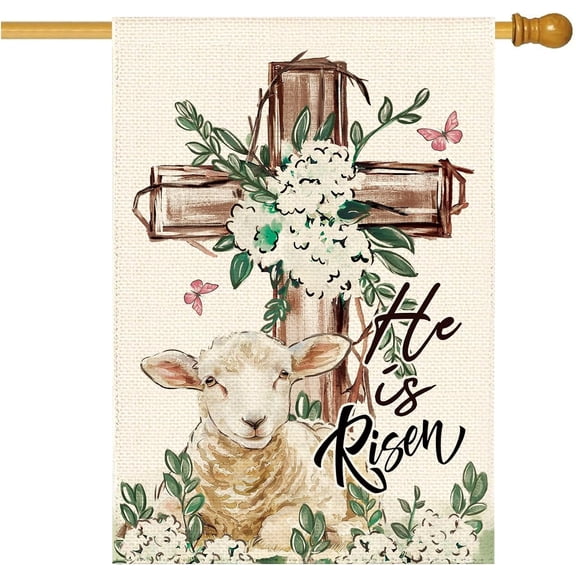 Easter He Is Risen Lamb House Flag 28 x 40 Inch Double Sided, Spring Cross Hydrangeas Welcome Burlap Large Yard Garden Flags Holiday Farmhouse Flags for Patio Outdoor Outside Decoration