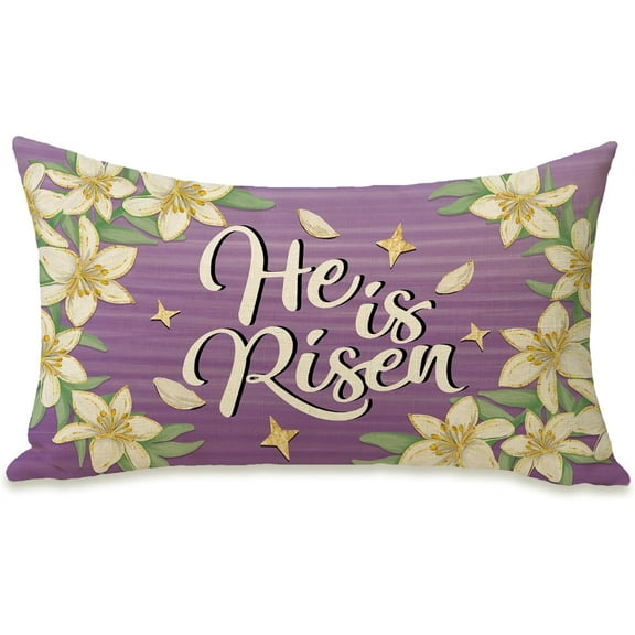 Easter He is Risen Lumbar Decorative Rectangle Pillow Cover 12 x 20, Religious Lily Flower Purple Porch Patio Outdoor Pillowcase, Jesus Floral Seasonal Sofa Couch Cushion Case Home Decor