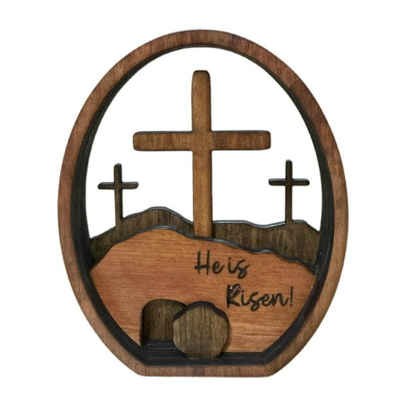 Easter He Is Risen Wooden Tabletop Ornament, Multi-Layer Cutout Cross Egg Shaped Wood Decor for Home, Desktop, Mantel and Spring Easter Festival Decoration