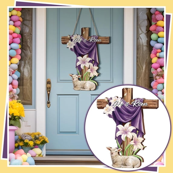 Easter He Is Risen Wreath Easter Front Door Decoration Wooden Cross Door Hanging Sign Boards, Outdoor Christian Floral, Lamb Sheep Ornaments Jesus Lily Flowers, Spring Porch Farmhouse Wall Decor
