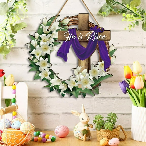 Easter He Is Risen Wreath Easter Front Door Decoration Wooden Cross Door Hanging Sign Boards, Outdoor Christian Floral Ornaments Jesus Lily Flowers, Spring Porch Farmhouse Wall Decor