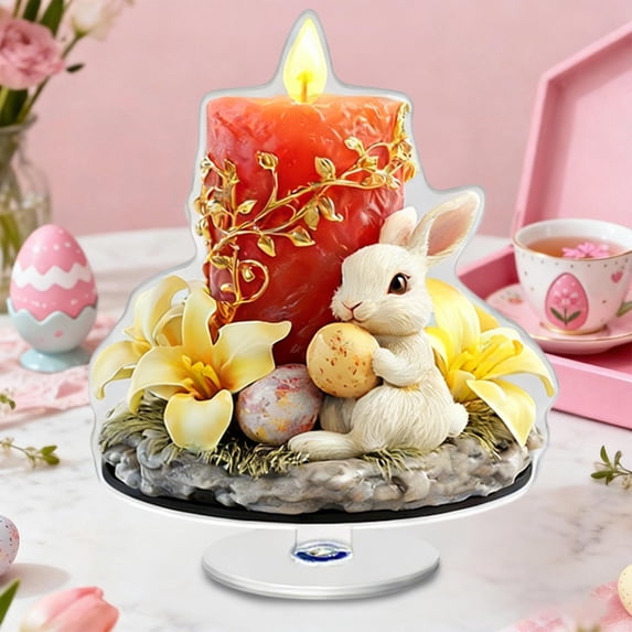Easter Rotating Acrylic Tabletop Decor, "He is Risen" Cross & Bunny LED Lighted Centerpiece, Religious Easter Decoration for Home, Church, Party Gift