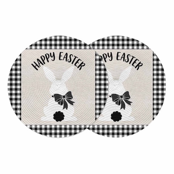 Easter Round 13 Inch Placemats Set of 2, Modern Minimalist Bunny Bow Black Plaid Checkered HeatResistant Non Slip Place Mats for Dining Table, Wipeable Braided Kitchen Table Mats for Housewarming