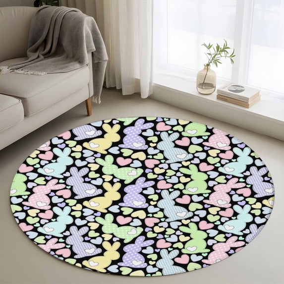 Easter Round Area Rug 3.3Ft Washable Circle Rugs for Dining Room Table, Colorful Cute Rabbits Love Polka Dots Spring Non-Slip Carpet Floor Mats Indoor Outdoor Carpet Runner Aesthetic Home Decor