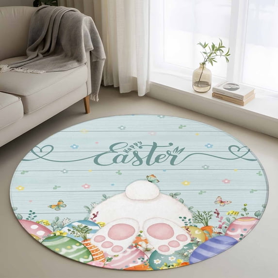 Easter Round Area Rug 3.3Ft Washable Circle Rugs for Dining Room Table, Country Bunny Feet Eggs Floral Green Wooden Plank Non-Slip Carpet Floor Mats Indoor Outdoor Carpet Runner Aesthetic Home Decor