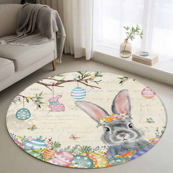 Easter Round Area Rug 3.3Ft Washable Circle Rugs for Dining Room Table, Spring Grey Bunny Colorful Eggs Tree Butterfly Non-Slip Carpet Floor Mats Indoor Outdoor Carpet Runner Aesthetic Home Decor