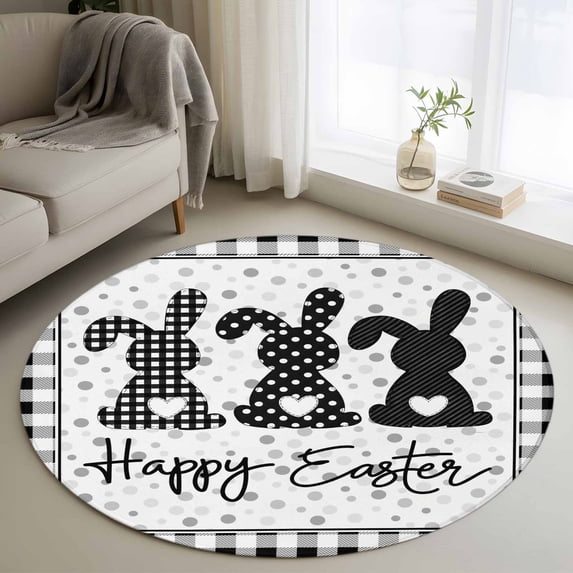 Easter Round Area Rug 3.3Ft Washable Circle Rugs for Dining Room Table, Spring Polka Dot Bunny Black Plaid Checkered Non-Slip Carpet Floor Mats Indoor Outdoor Carpet Runner Aesthetic Home Decor