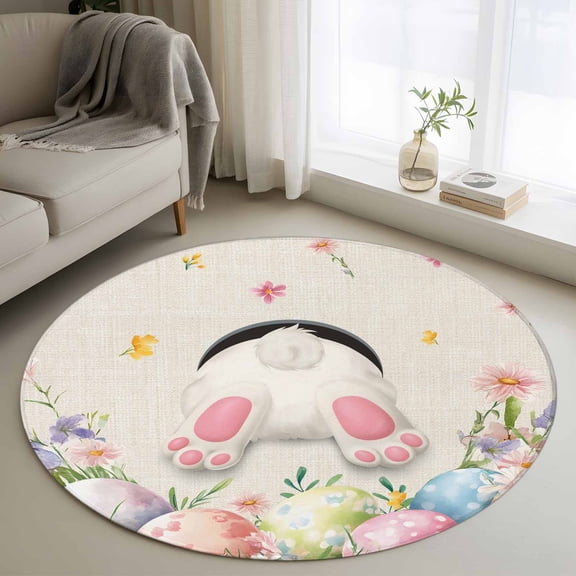 Easter Round Area Rug 3Ft Washable Small Circle Rugs for Kitchen Entryway, Country Spring Rabbit Feet Eggs Botanical Flowers Non-Slip Carpet Floor Mats Indoor Outdoor Carpet Runner Home Decor
