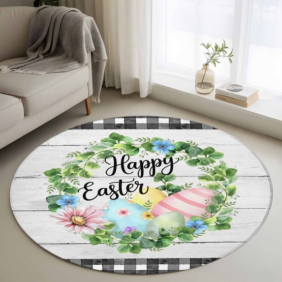Easter Round Area Rug 3Ft Washable Small Circle Rugs for Kitchen Entryway, Spring Colorful Egg Flower Leaf Grey Wood Grain Plaid Non-Slip Carpet Floor Mats Indoor Outdoor Carpet Runner Home Decor