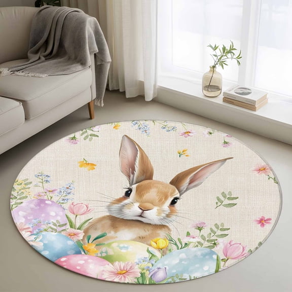 Easter Round Area Rug 3Ft Washable Small Circle Rugs for Kitchen Entryway, Vintage Spring Bunny Eggs Farmhouse Floral Leaves Non-Slip Carpet Floor Mats Indoor Outdoor Carpet Runner Home Decor