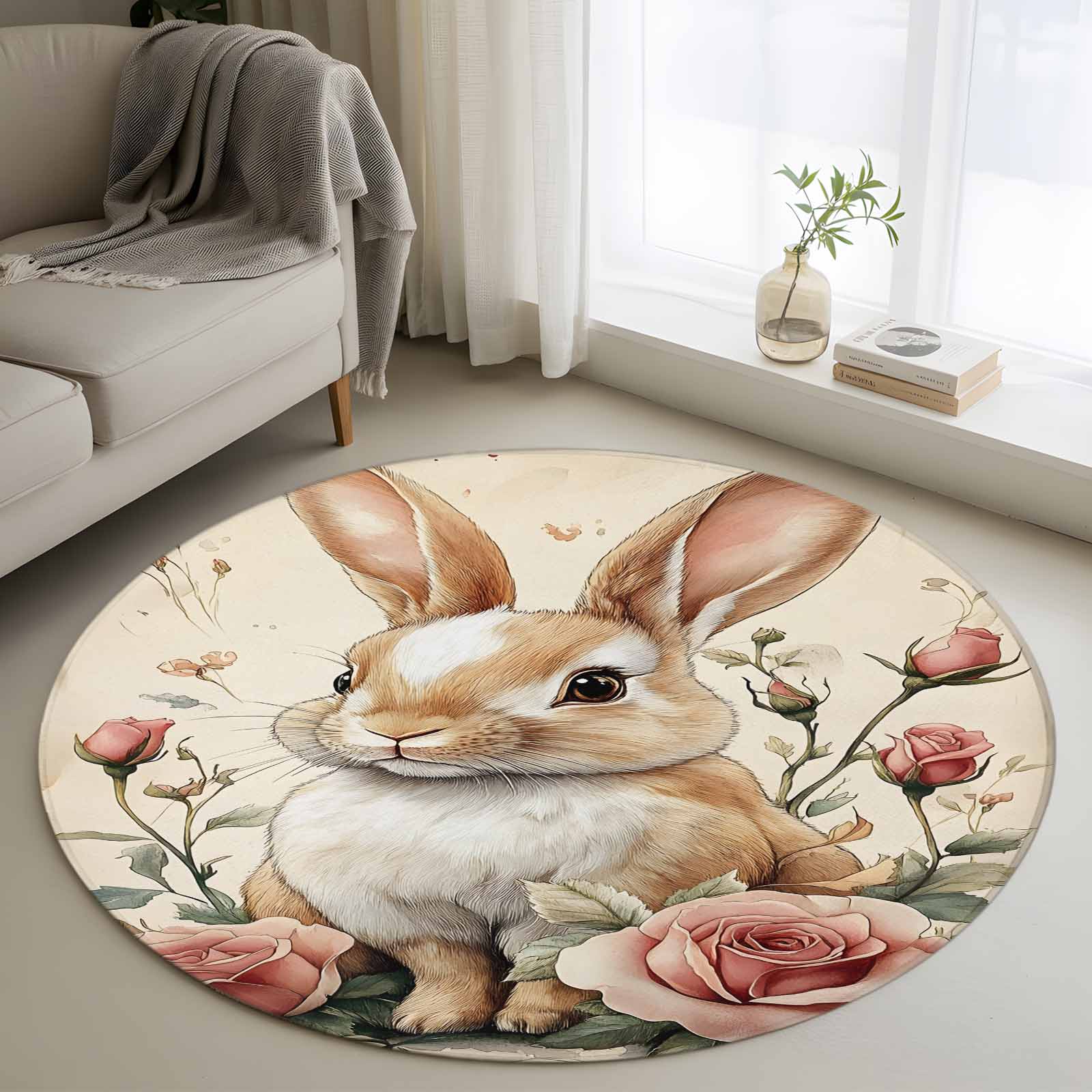 Round Easter Rug Easter Round Area Rug 4 FT, Non Slip Indoor Outdoor Rug, Cute Bunny ...