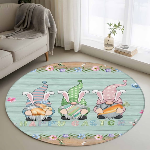 Easter Round Area Rug 4Ft Washable Circle Rugs for Bedroom Dining Room, Farmhouse Gnomes Rabbits Eggs Wooden Grain Non-Slip Carpet Floor Mats Indoor Outdoor Carpet Runner Aesthetic Home Decor