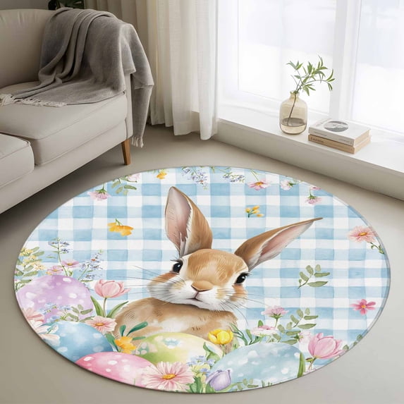 Easter Round Area Rug 4Ft Washable Circle Rugs for Bedroom Dining Room, Spring Rabbit Eggs Seasonal Flowers Blue Lattice Non-Slip Carpet Floor Mats Indoor Outdoor Carpet Runner Aesthetic Home Decor