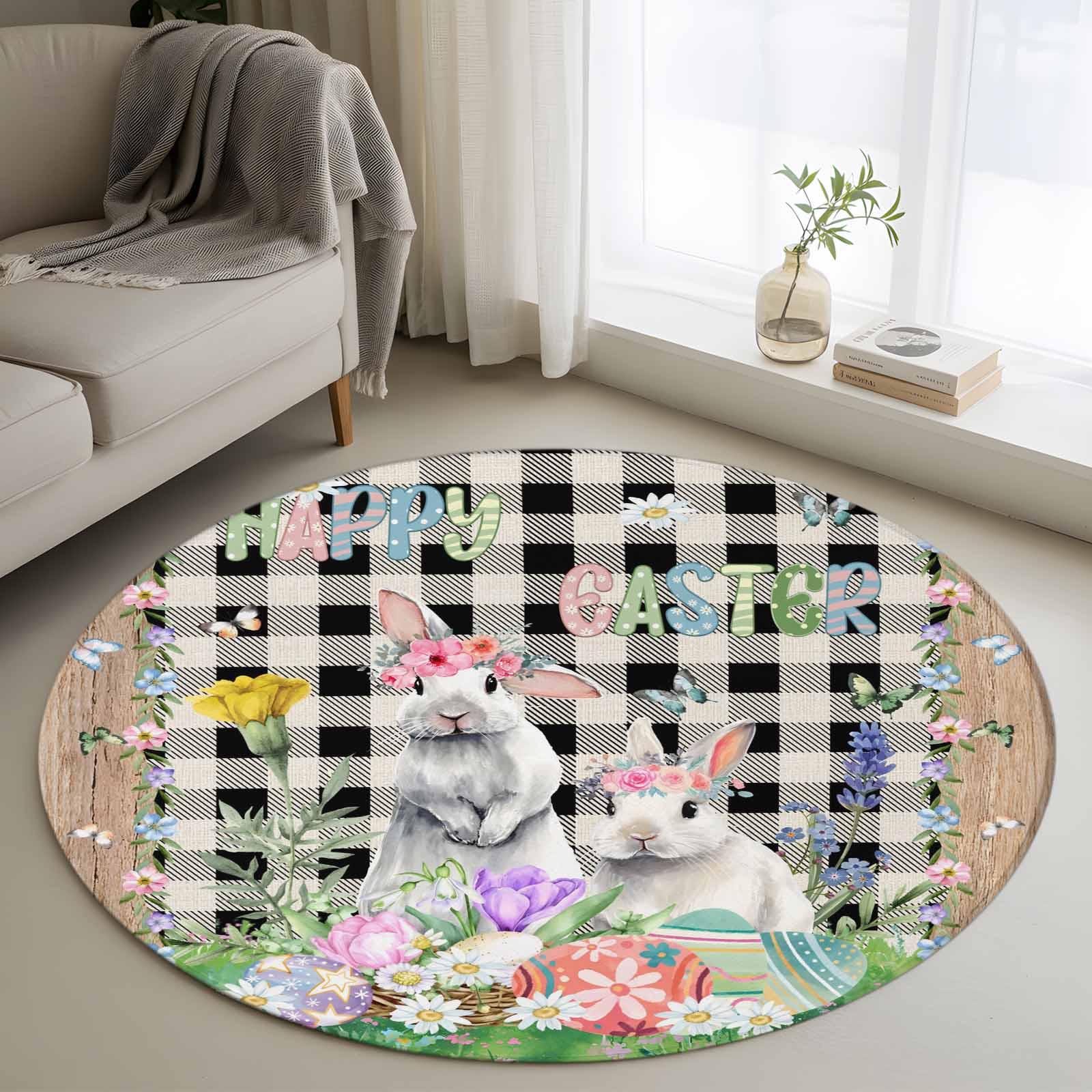 Round Easter Rug Easter Round Area Rug 4Ft Washable Circle Rugs for Bedroom Dining Room ...