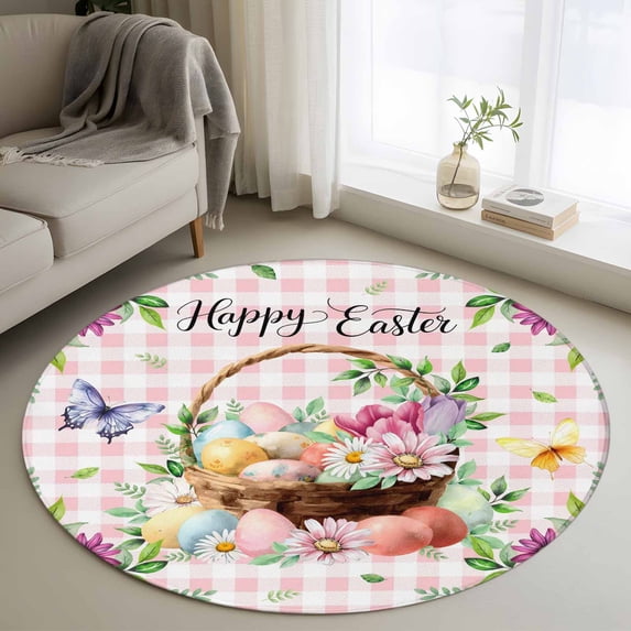 Easter Round Area Rug 4Ft Washable Circle Rugs for Bedroom Dining Room, Watercolor Eggs Floral Botanical Butterfly Pink Plaid Non-Slip Carpet Floor Mats Indoor Outdoor Carpet Runner Home Decor