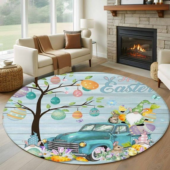 Easter Round Area Rug 5Ft Washable Circle Rugs for Living Room Bedroom, Turquoise Truck Eggs Gnomes Rabbit Wooden Grain Non-Slip Carpet Floor Mats Indoor Outdoor Carpet Runner Aesthetic Home Decor