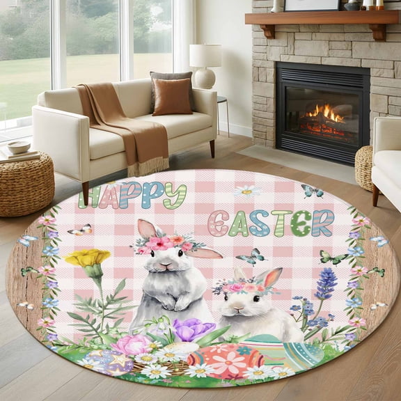 Easter Round Area Rug 6Ft Washable Circle Rugs for Bathroom Office, Cute Bunny Eggs Flowers Plants Pink Checkered Non-Slip Carpet Floor Mats Indoor Outdoor Carpet Runner Aesthetic Home Decor