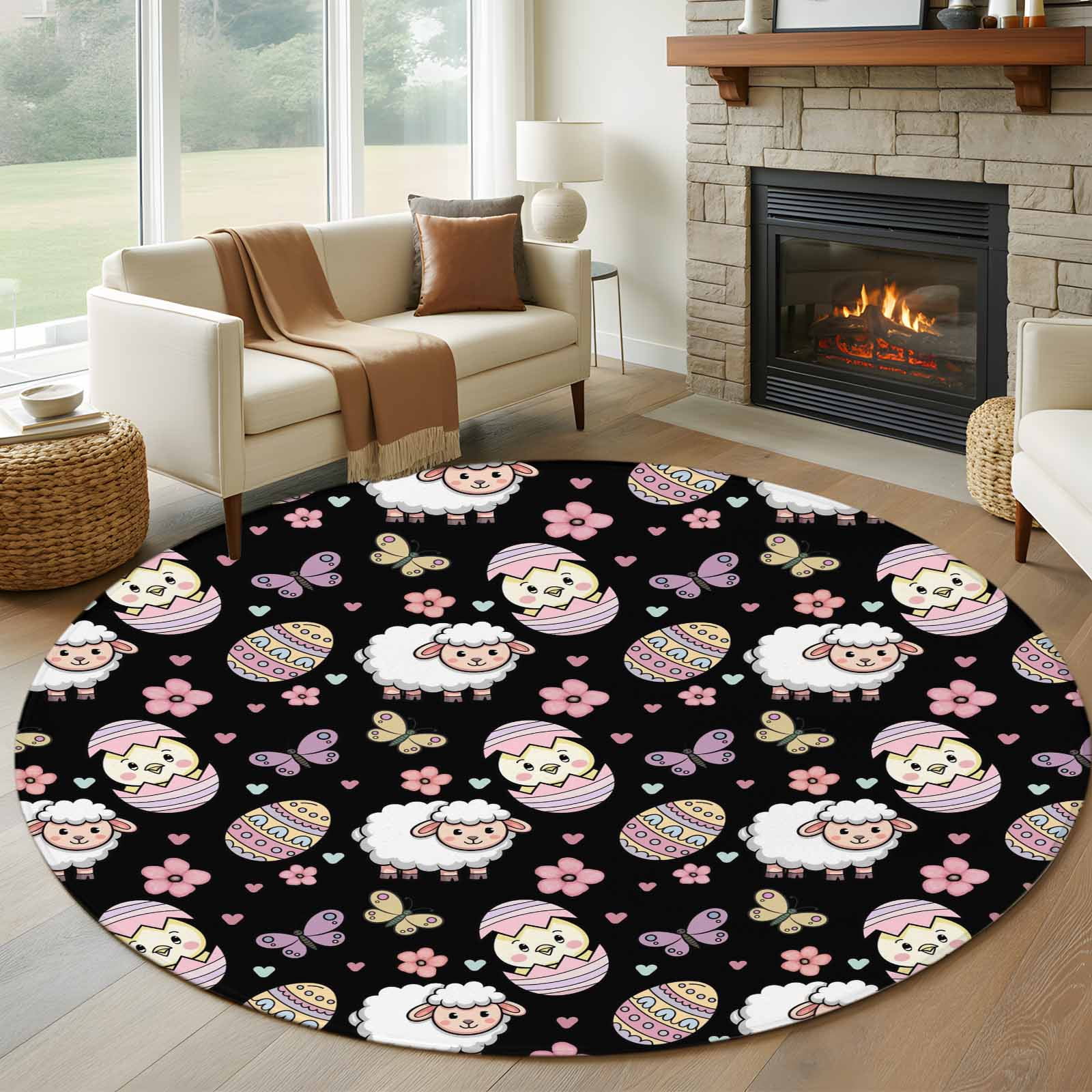 Round Easter Rug Easter Round Area Rug 7Ft Washable Circle Rugs for Dorm Laundry Room ...