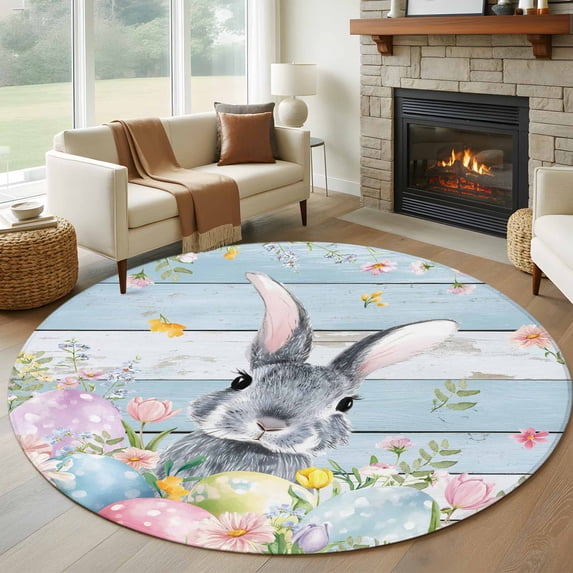 Easter Round Area Rug 8Ft Washable Large Circle Rugs for Living Room Dorm, Country Spring Bunny Eggs Botanicals Wooden Plank Non-Slip Carpet Floor Mats Indoor Outdoor Carpet Runner Home Decor