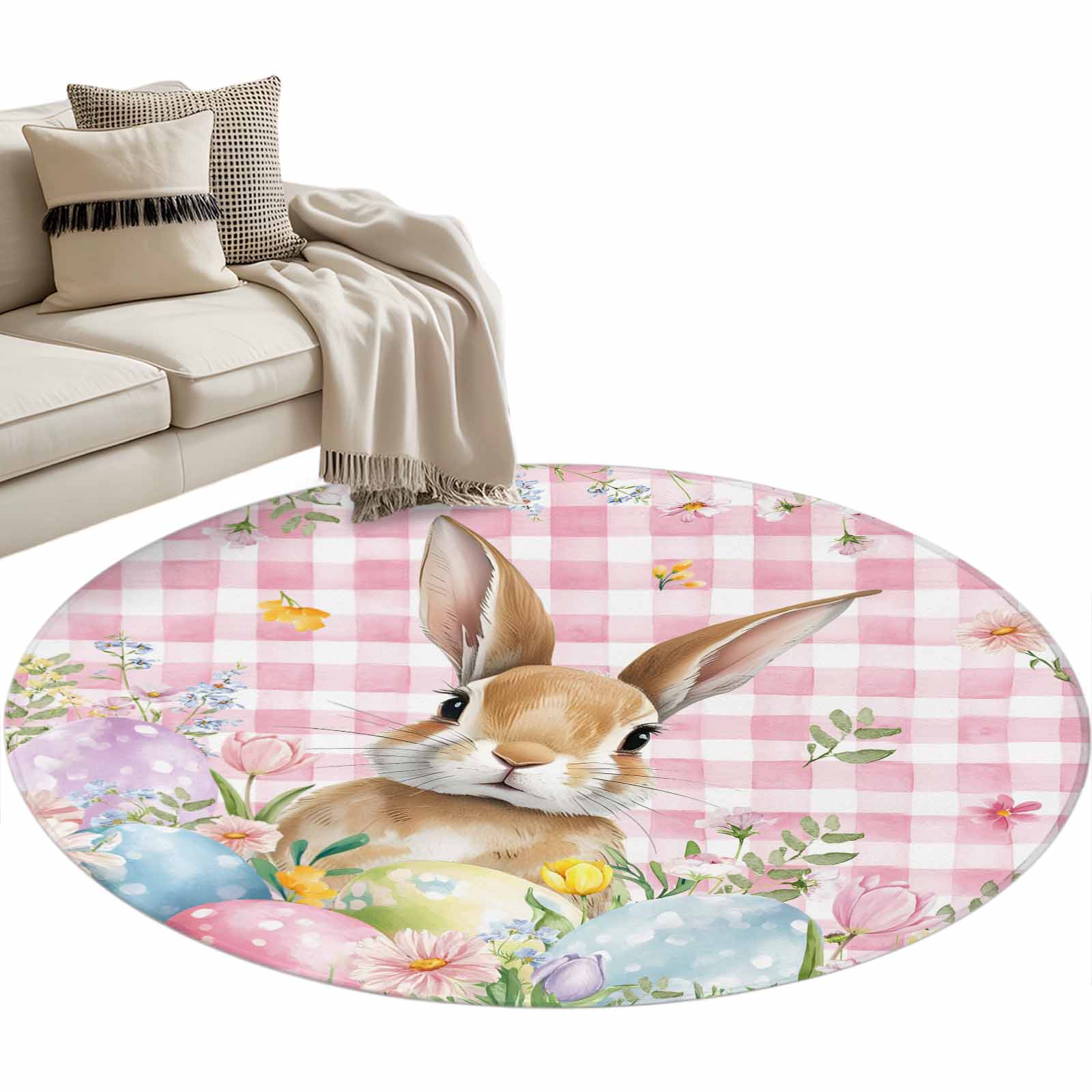 Pink Easter Rug Easter Round Area Rugs Collection 3', Spring Rabbit Eggs Nature ...