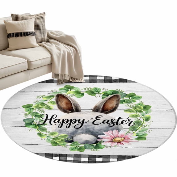 Easter Round Area Rugs Collection 4', Spring Watercolor Bunny Flower Leaf Grey Wood Grain Non Slip Indoor Circular Throw Runner Rug Floor Mat Carpet for Living Room Dining Table Bedroom Nursery