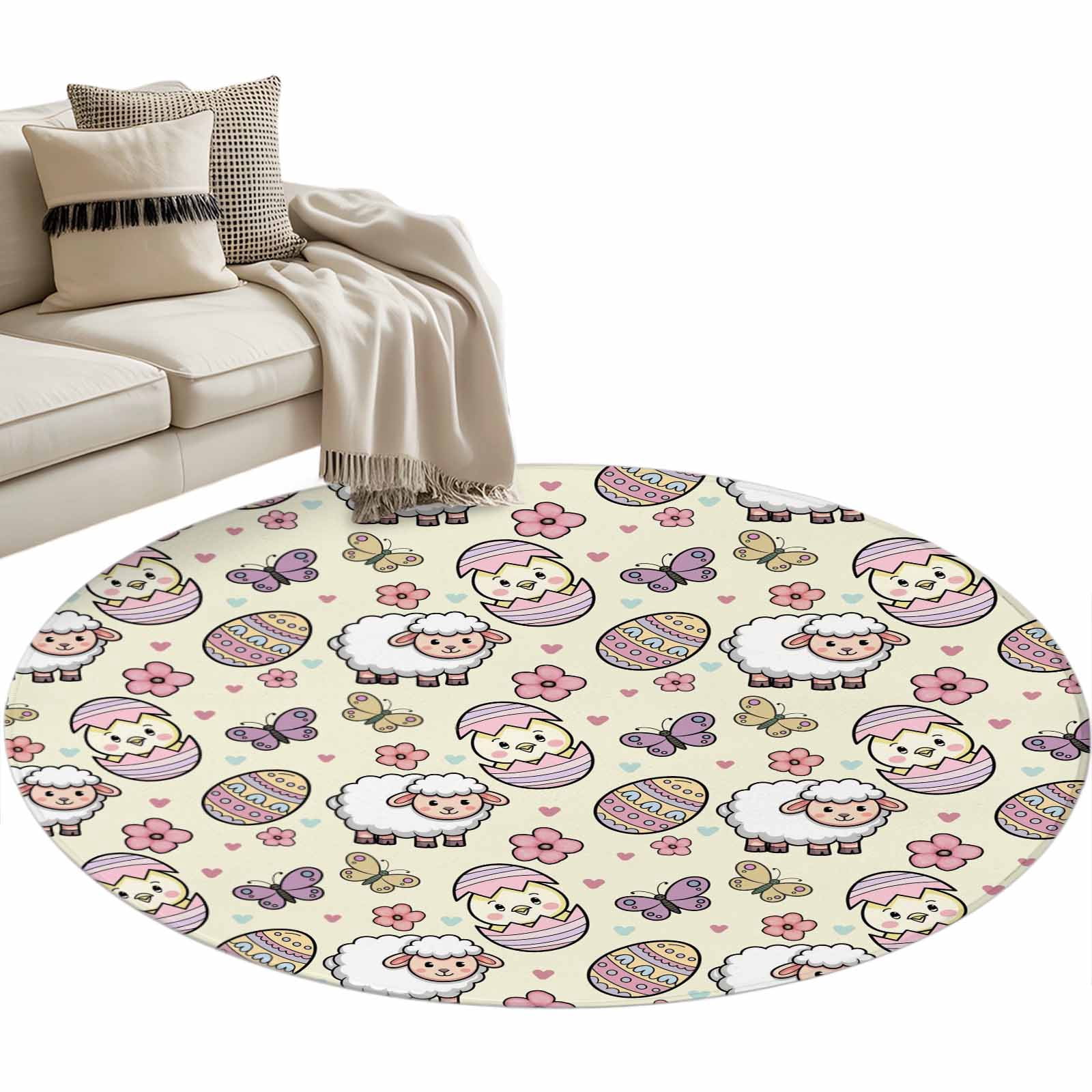 Cartoon Easter Rug Easter Round Area Rugs Collection 4', Yellow Spring Sheep Chickens Eggs ...
