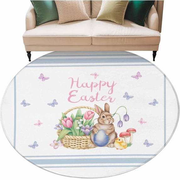 Easter Round Area Rugs Collection 6'', Spring Tulip Floral Bunny Butterfly Pastoral Non Slip Indoor Circular Throw Runner Rug Floor Mat Carpet for Living Room Dining Table Bedroom Nursery