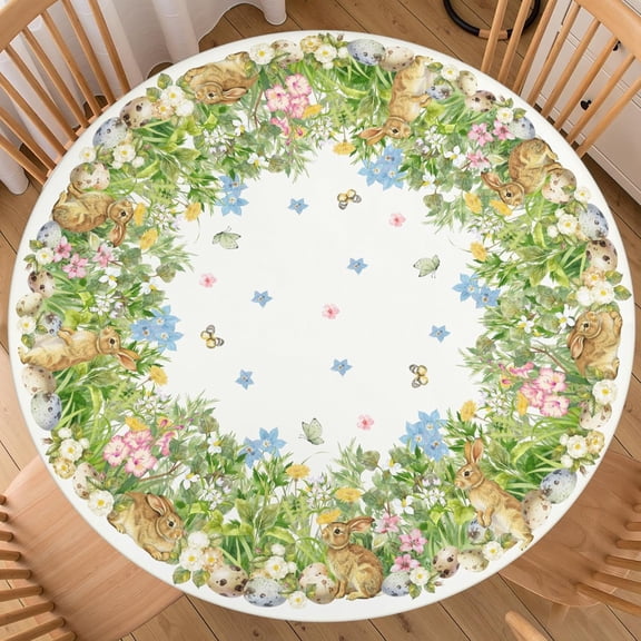 Easter Round Fitted Tablecloth Best for 40"-44" Bunny Table Cloth Rabbit Eggs Elastic Edge Washable Farmhouse Floral Flower Spring Table Cover for Party Picnic Indoor Decor