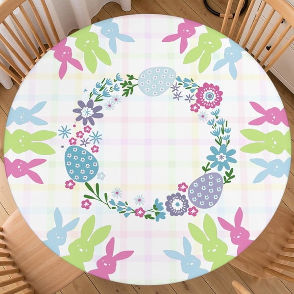 Easter Round Fitted Tablecloth Best for 40"-44" Bunny Table Cloth Spring Rabbit Eggs Elastic Edge Washable Farmhouse Rustic Buffalo Check Plaid Table Cover for Party Picnic Indoor Decor
