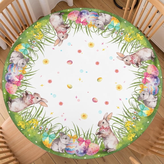 Easter Round Fitted Tablecloth Best for 48"-52" Bunny Table Cloth Rabbit Eggs Elastic Edge Washable Farmhouse Floral Flower Spring Table Cover for Party Picnic Indoor Decor