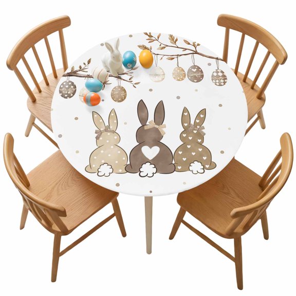 Easter Round Fitted Tablecloth with Elastic Bow Tie Bunny Tablecloths Eggs Branches Polka Dots Waterproof Table Cover for Kitchen Party Spring Holiday Fits Tables up to 36"- 44" Diameter