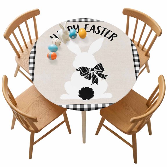 Easter Round Fitted Tablecloth with Elastic Bow Tie Bunny Tablecloths Linen Black Buffalo Plaid Waterproof Table Cover for Kitchen Party Spring Holiday Fits Tables up to 36"- 44" Diameter