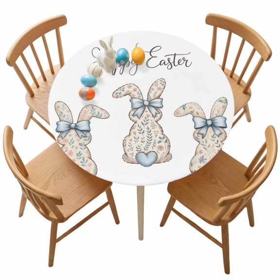 Easter Round Fitted Tablecloth with Elastic Bow Tie Bunny Tablecloths Love Heart Rabbit Waterproof Table Cover for Kitchen Party Spring Holiday Fits Tables up to 36"- 44" Diameter