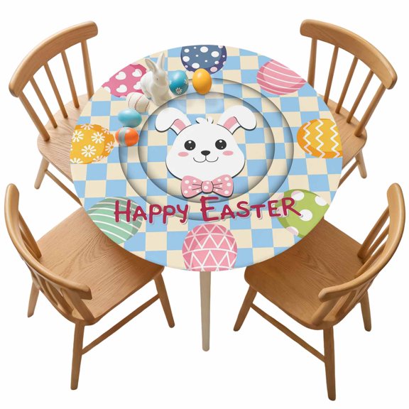 Easter Round Fitted Tablecloth with Elastic Bow Tie Bunny Tablecloths Rabbit Eggs Blue Plaid Waterproof Table Cover for Kitchen Party Spring Holiday Fits Tables up to 36"- 44" Diameter