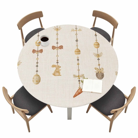 Easter Round Fitted Tablecloth with Elastic Edge Decorative Chain with Rabbits Eggs Bow Carrot Linen Table Cover Fit for 45"-54" Tables Waterproof Tablecloths for Dinner Camping Picnic