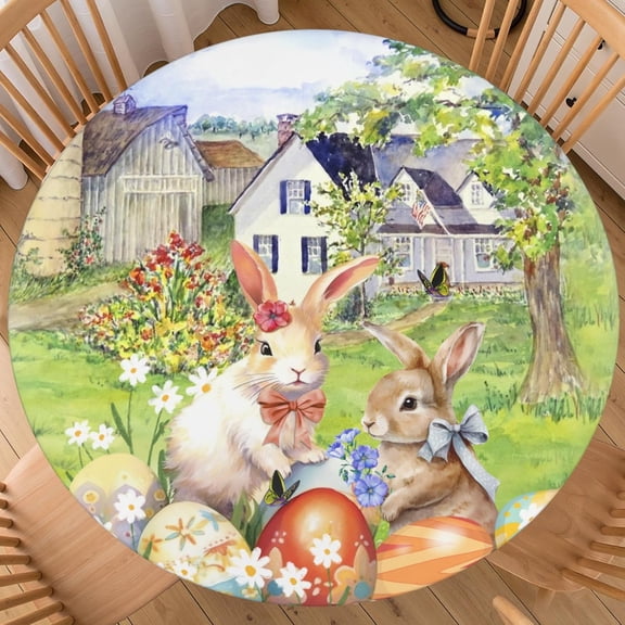 Easter Round Fitted Tablecloth with Elastic Edge Rustic Bunny Easter Egg Farmhouse Pattern Table Cover for 40"-44" Stretch Table Cloth for Dining Room Party Picnic