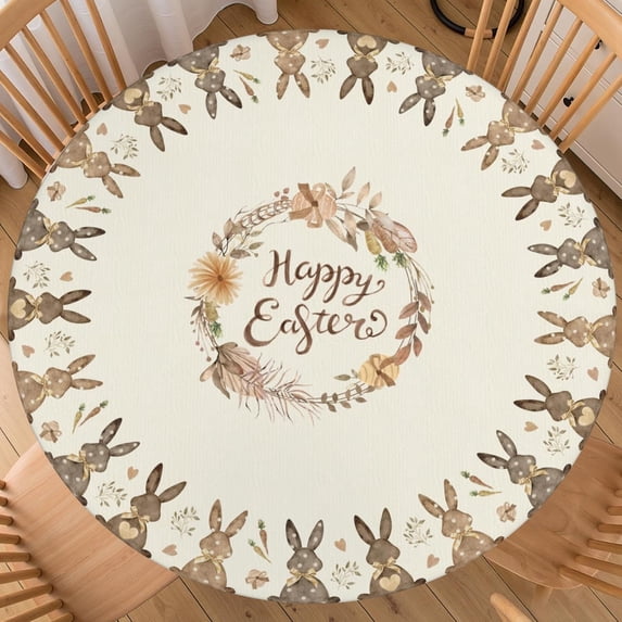 Easter Round Fitted Tablecloth with Elastic Edge Spring Easter Bunny Carrots Brown Table Cover for 48"-52" Rustic Stretch Table Cloth for Dining Room Party Picnic