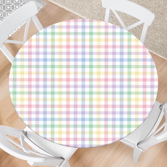 Easter Round Fitted Tablecloth with Elastic Watercolor Buffalo Plaid Outdoor Tablecloth Washable Table Cover for Picnic Dinner Party Decor Fits 40"-44" Diameter Round Tables