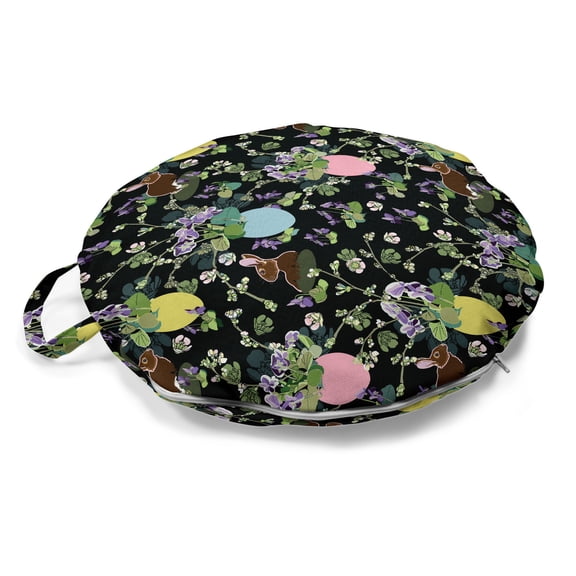 Easter Round Floor Cushion with Handle, Flower Pots and Iris Blossoms Rabbits Tradition Bunny Celebration Cherry Branches, Pillow for Living Room & Dorms, 18" Round, Multicolor, by Ambesonne
