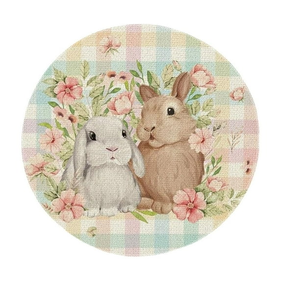 Easter Round Placemats, 14 Inch Colored Buffalo Plaid Bunnys Flowers Spring Round Table Mats for Easter Party Dining Decoration