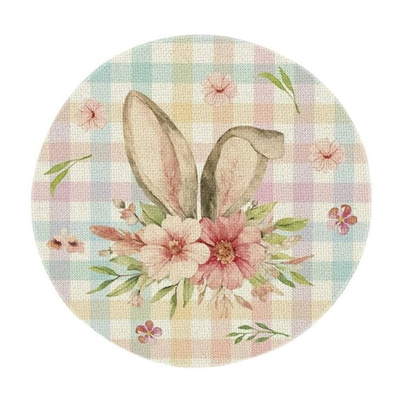 Easter Round Placemats, 14 Inch Colored Buffalo Plaid Bunnys Flowers Spring Round Table Mats for Easter Party Dining Decoration