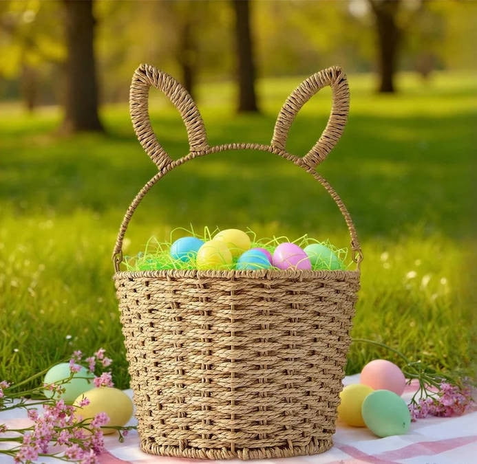 Easter Round Rabbits Ear Handle Toilet Paper Baskets – 8.7" x 6.3" Bunny Ear Storage Basket | Easter Decorations for Bathroom, Party Favors & Gift Giving | Cute Rabbit Basket for Treats & Small Items